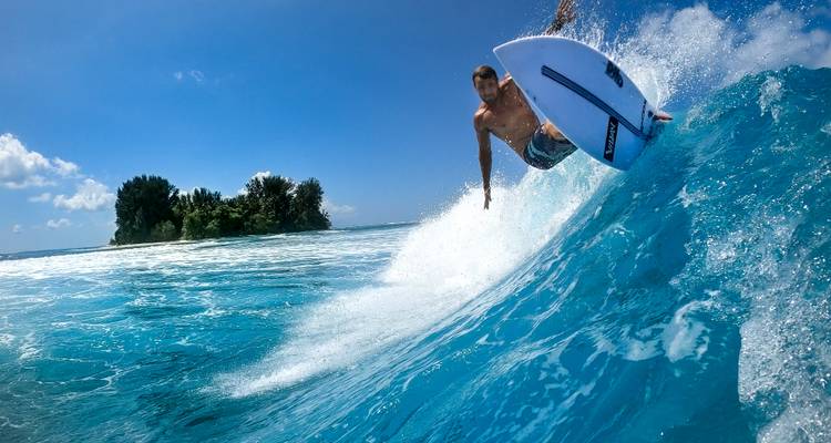 Plan d'action d'un surfeur se lançant d'une vague bleu vif avec un îlot boisé en arrière-plan.