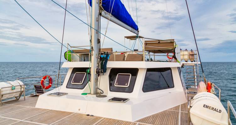 Pont avant d'un catamaran avec gréement de voile bleu et horizon océanique.