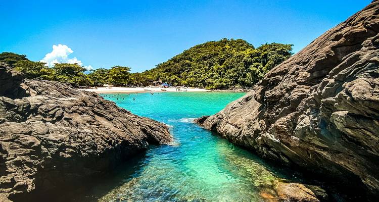 Playa prístina con aguas turquesas y vegetación exuberante.