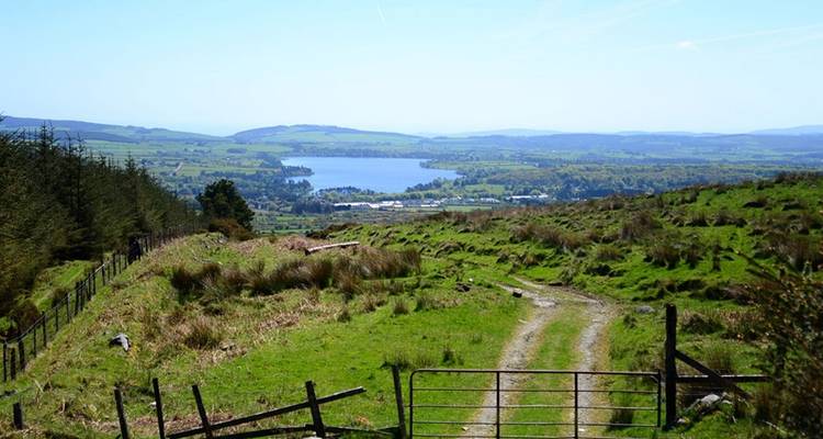 Vue sur un paysage avec des champs et un lac au loin.