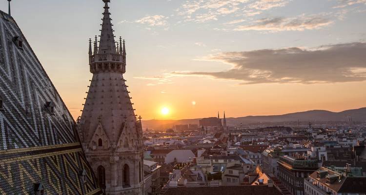 Vista del amanecer sobre los tejados de Viena con el techo con patrón y la aguja de la Catedral de San Esteban en silueta.