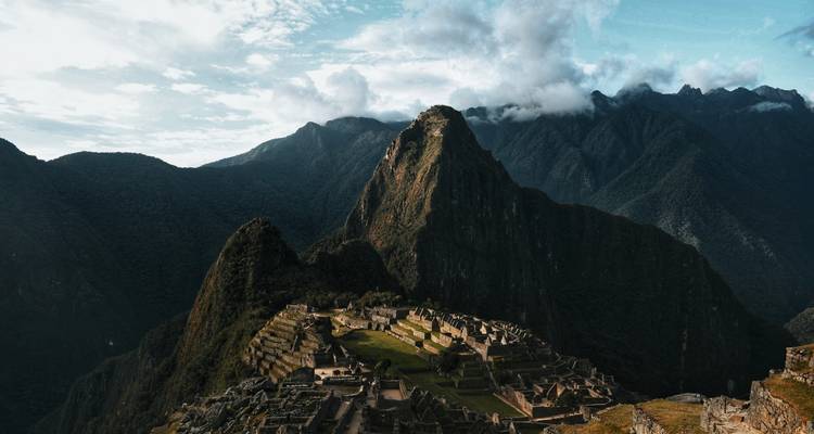 Dramatic mountain view with ancient ruins in Machu Picchu.