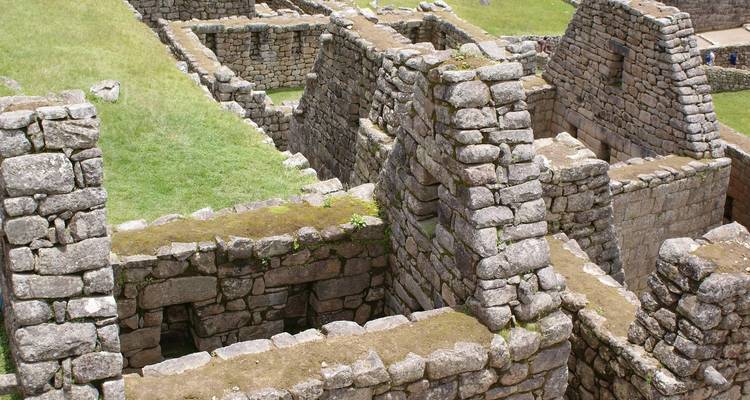 Gros plan de structures en pierre avec de l'herbe au Machu Picchu.