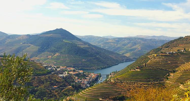 Vista panorámica del río Duero serpeteando entre montañas en terrazas y pueblos.