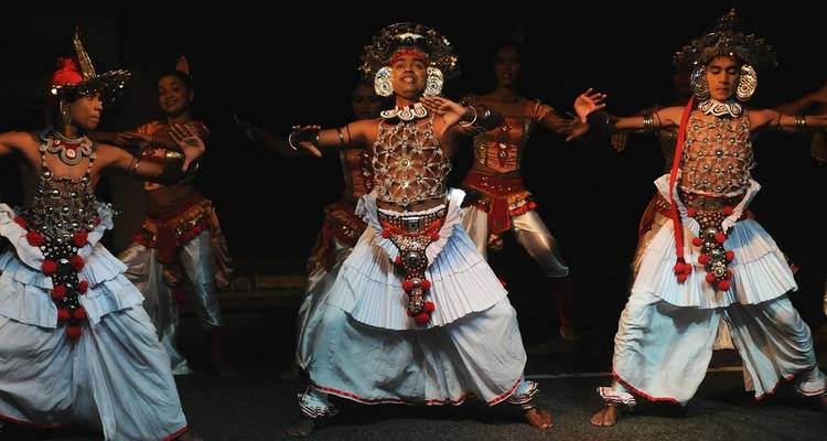Group of dancers in traditional costumes performing on stage.