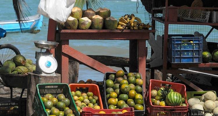 Frutas frescas y productos agrícolas en un mercado junto al mar.