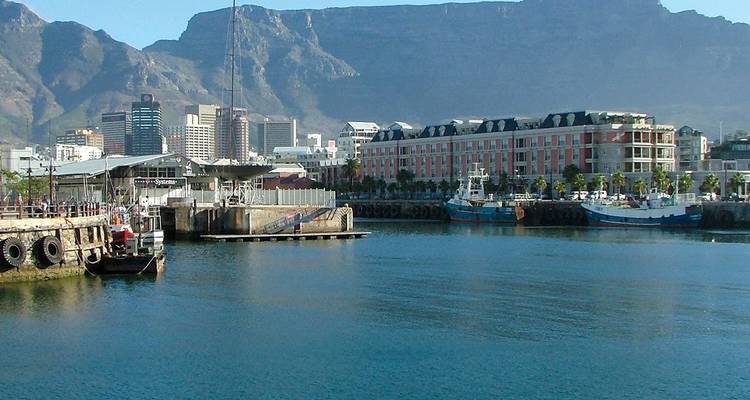 City skyline with waterfront and iconic mountain backdrop.