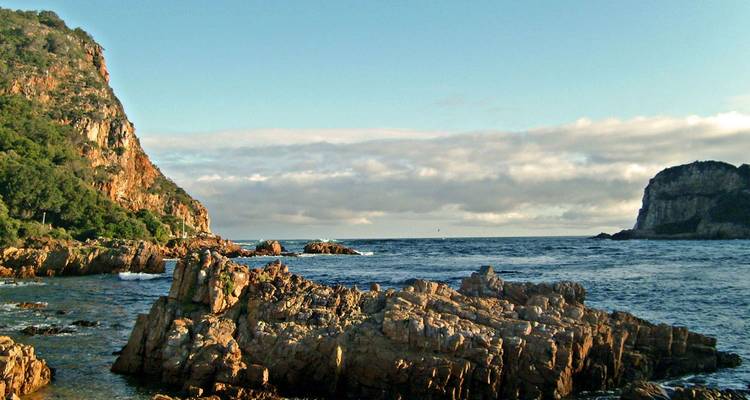 Rocky coastal headlands and calm sea framed by forested cliffs under soft evening light.