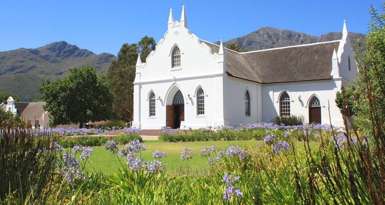 White Cape Dutch church surrounded by blooming purple agapanthus in Stellenbosch wine country.