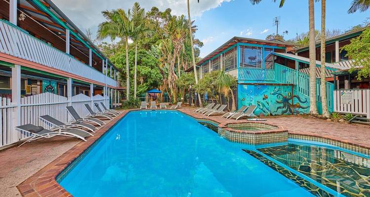 Zona de piscina de un hostal con sillas de descanso y plantas tropicales.