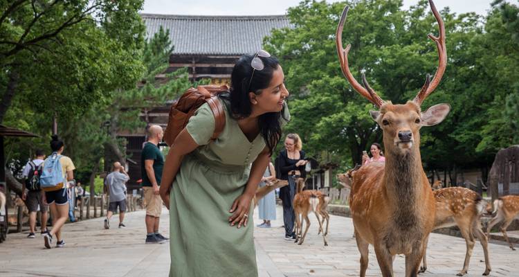 Un voyageur se penchant vers une biche amicale au parc de Nara avec un bâtiment du temple en arrière-plan.