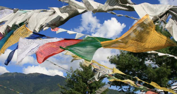 Colorful prayer flags against a blue sky and mountain backdrop.