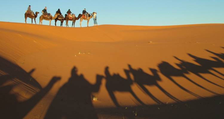 Gruppe von Menschen auf Kamelen, die Schatten auf die Sanddünen werfen.