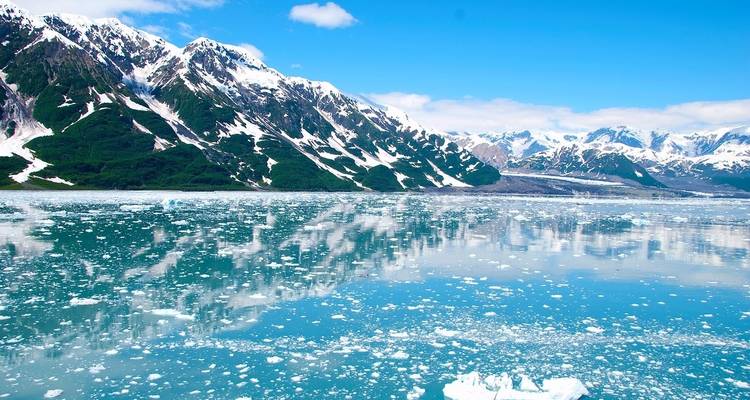 Icebergs flotando en una bahía glaciar con montañas.