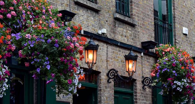 Colorful flowers and lamps on a brick building facade.