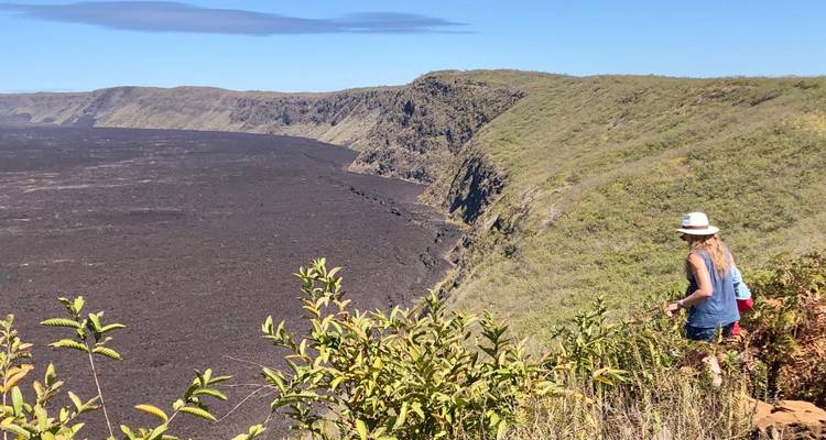 Dos excursionistas con sombreros observan un vasto campo de lava negra bordeado por acantilados verdes bajo un cielo azul despejado.