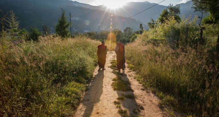 Dos monjes caminan por un sendero de tierra a través de pastos altos hacia un sol bajo que se pone detrás de las montañas.