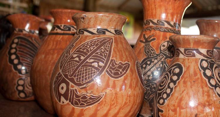 Handwerklich gefertigte Keramiktöpfe mit indigenen Tiermustern auf Ausstellung.