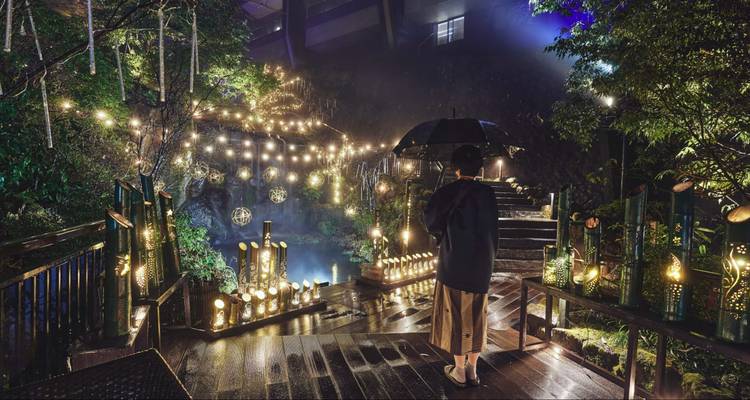 Allée de jardin illuminée avec une personne tenant un parapluie.