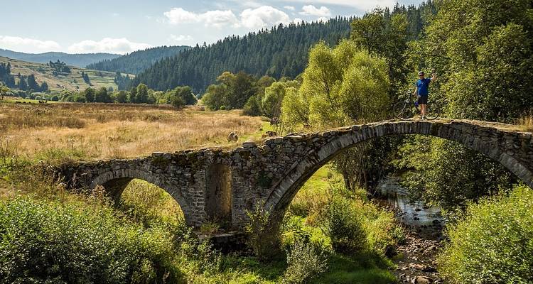 Personne debout sur un vieux pont de pierre au-dessus d'un ruisseau dans un paysage rural.