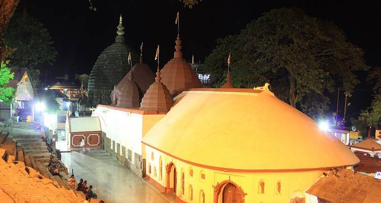 Night view of a temple with lights and visitors.