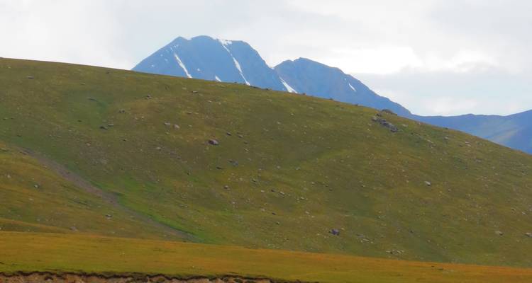 Deux sommets visibles depuis une colline herbeuse.