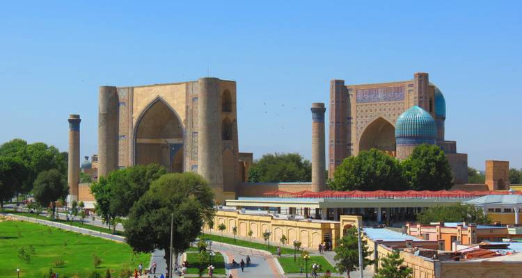 Une grande mosquée historique avec des tuiles et des dômes complexes.