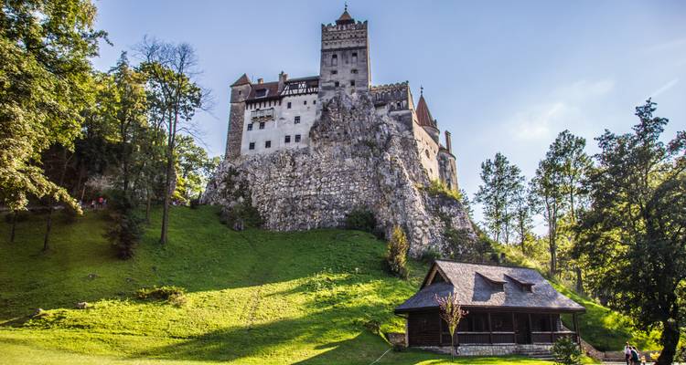 Die Burg Bran erhebt sich dramatisch auf einem felsigen Vorsprung über grünen Rasenflächen und Wäldern im Licht des späten Nachmittags.