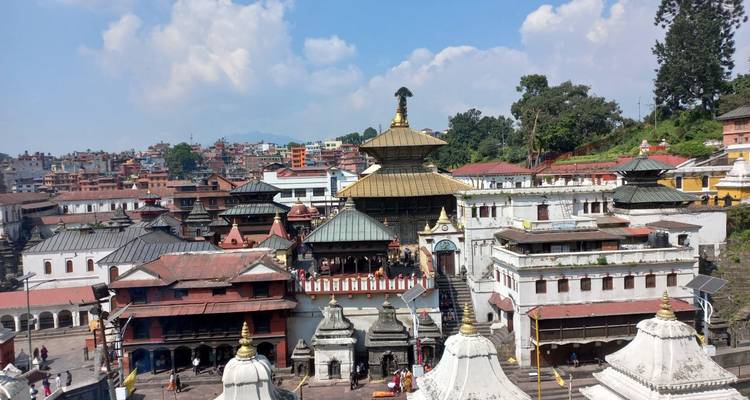 Vue surélevée du vaste complexe du temple de Pashupatinath aux toits dorés au milieu de l'étalement urbain de Katmandou.
