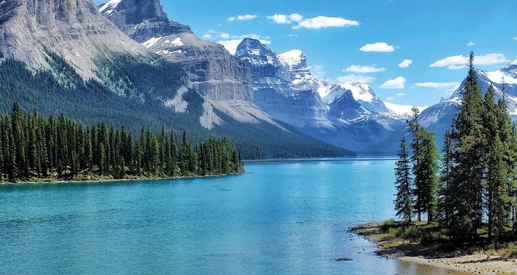 Crystal-clear turquoise lake reflects snow-capped peaks and dense pine forests in the Canadian Rockies.