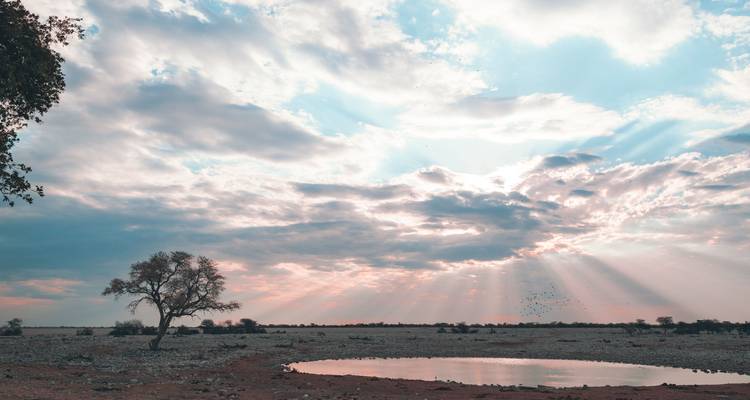 Vasto paisaje bajo un cielo dramático con un pequeño lago en primer plano.