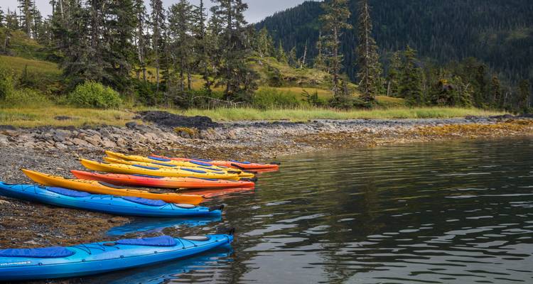 Des kayaks colorés reposent sur une rive rocheuse à côté d'eaux calmes bordées de forêts