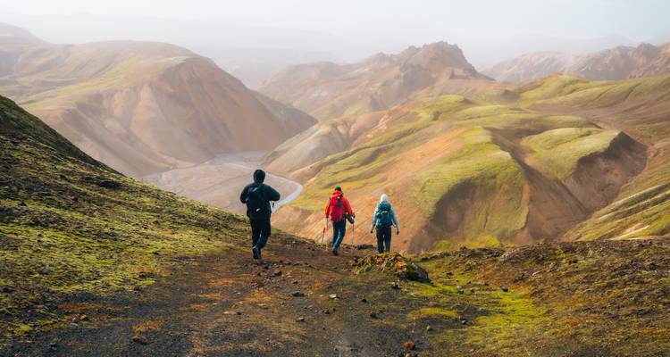 Tres excursionistas descienden por una ladera volcánica cubierta de musgo hacia un valle serpenteante bajo la luz brumosa de la tarde.