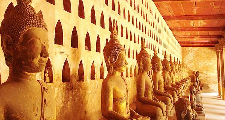 Une rangée de statues dorées de Bouddha dans un temple illuminé.