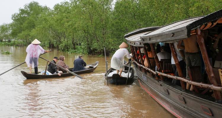 Botes de remos moviéndose por una vía fluvial estrecha bordeada de árboles.