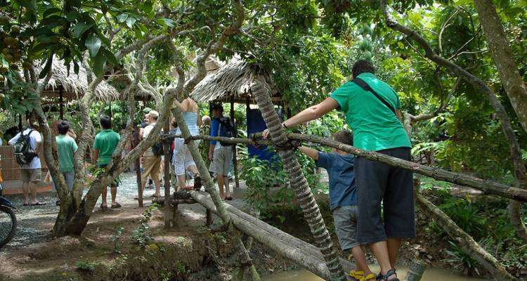 Turistas cruzando un pequeño puente de la selva rodeados de exuberante vegetación.