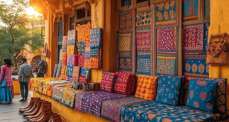 Étals de marché avec des textiles et des marchandises colorés.