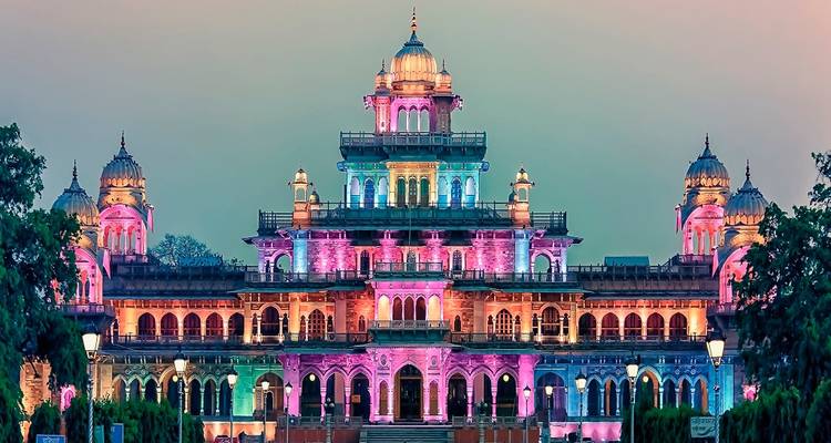 Vibrantly lit Albert Hall Museum at dusk