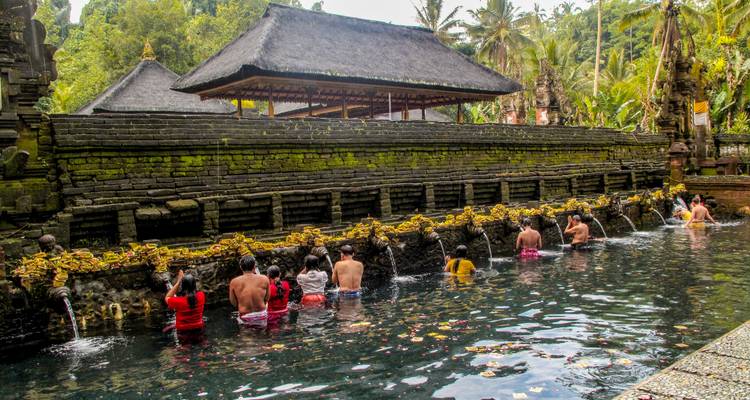 Lokale bewoners en pelgrims tot hun middel in de heilige wateren van Tirta Empul's zuiveringsbaden