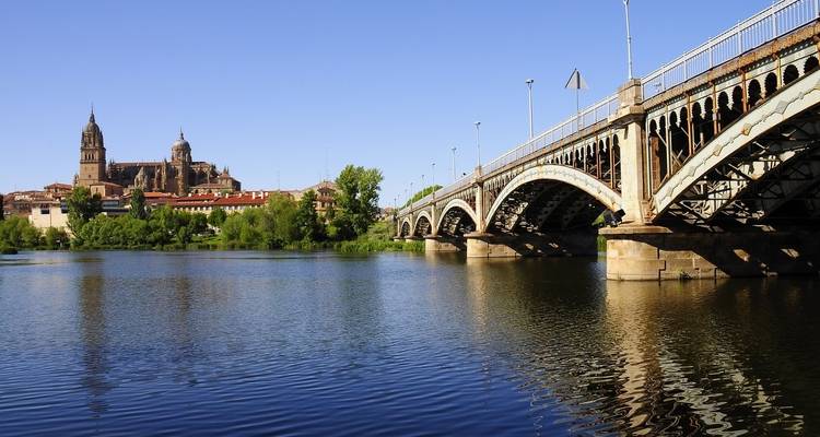 Puente sobre el río con catedral a lo lejos.