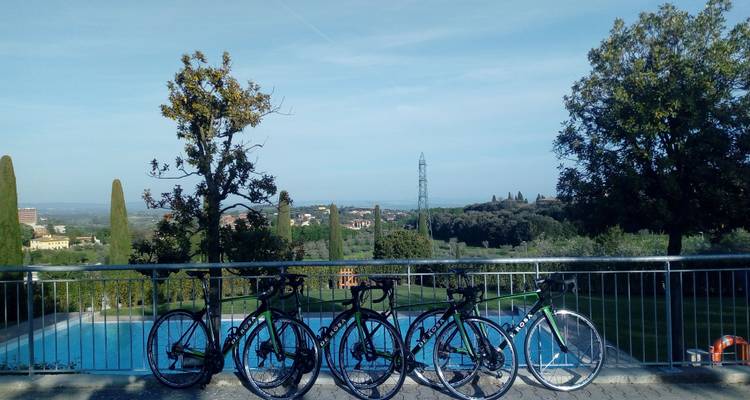 Bicicletas estacionadas con vista a un paisaje urbano y el paisaje.