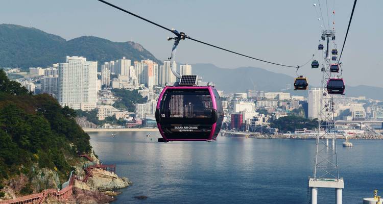 Des téléphériques colorés glissant au-dessus des eaux côtières avec la skyline de la ville de Busan en arrière-plan.