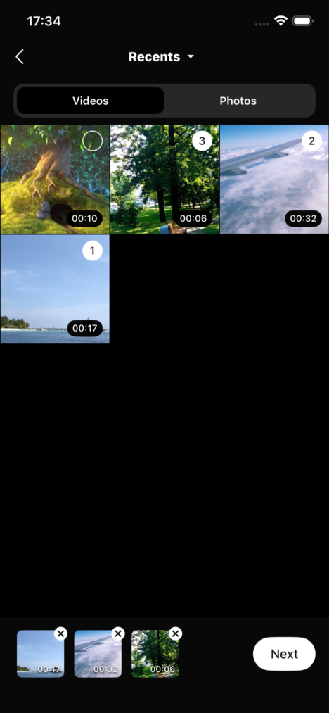 Picking videos and photos from the camera roll with numbered selection order