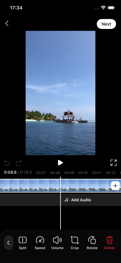 Timeline editor with Split, Speed, Volume, Crop, Rotate and Delete tools