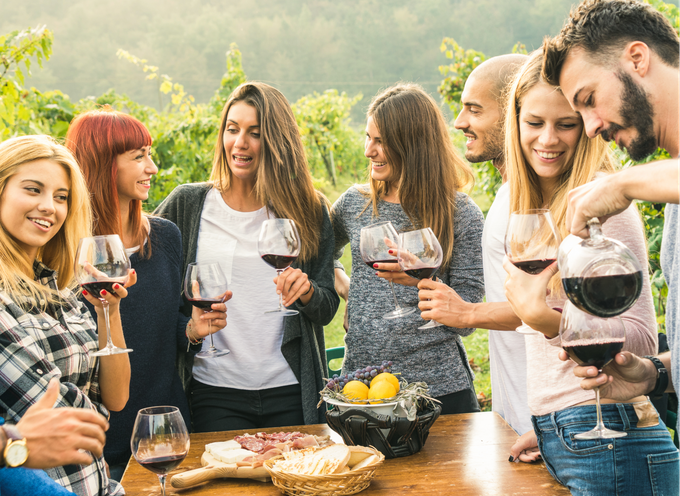 Group of friends enjoying some wine and cheese at a vineyard in Italy