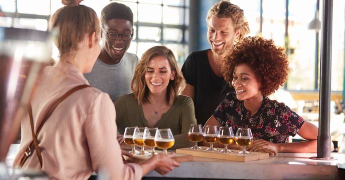A group of young adults beer tasting at a brewery in Asheville, USA