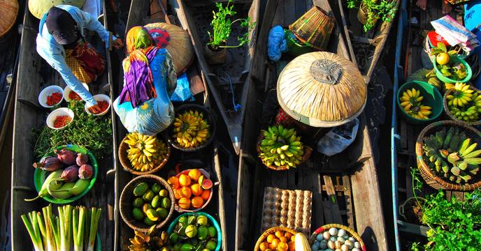Aerial view of the Damnoen Saduak floating markets in Thailand