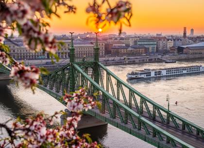 A luxury 5-star European cruise ship floating down the Danube in Budapest, Hungary