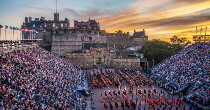 Aerial view of Edinburgh castle as the infamous Military Tattoo performance is on