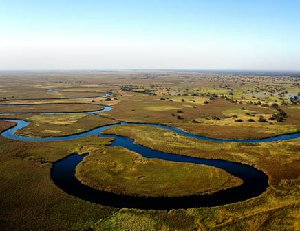 Aerial view of the Okavango Delta waterways in Botswana